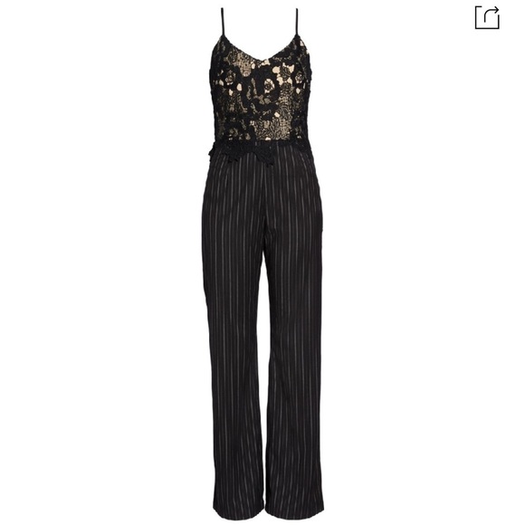 NWT HEARTLOOM x REVOLVE Mona Lace Pinstripe Wide Leg Jumpsuit, Size Large - Picture 3 of 8